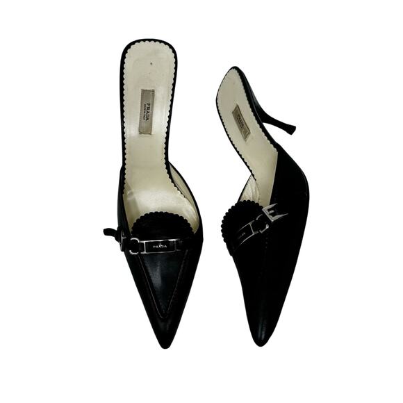Prada Vintage Black Leather Mule Heels Size 39 Buckle Detail Slip-On Pumps - Picture 1 of 9